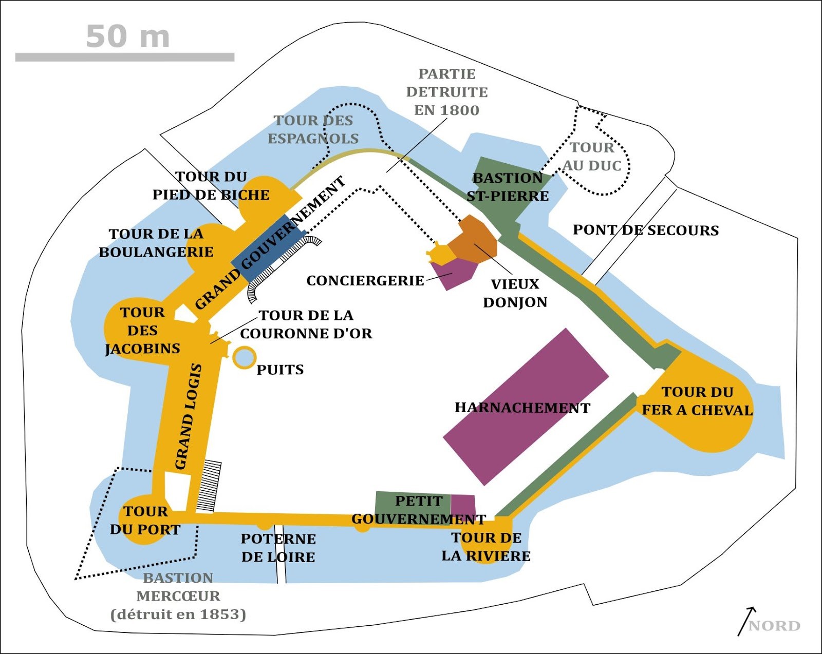 Plan en deux dimensions du château des ducs de Bretagne à Nantes. Il est coloré selon les époques de construction.