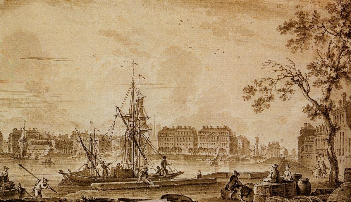 Dessin lavé à l’encre de Chine couleur sépia du port de Nantes au dix-huitième siècle. Un petit voilier se trouve au premier plan.