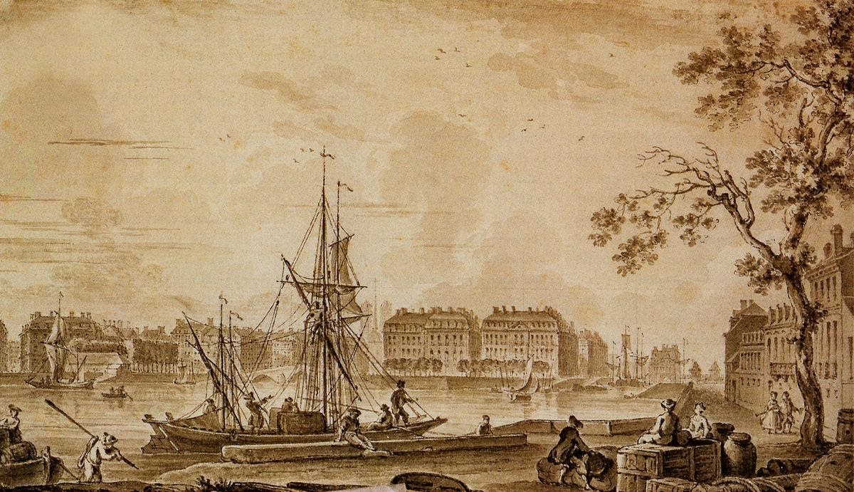  Dessin lavé à l’encre de Chine couleur sépia du port de Nantes au dix-huitième siècle. Un petit voilier se trouve au premier plan.