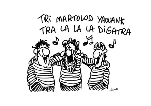 Dessin de trois bretons chantant Tri Martolod
