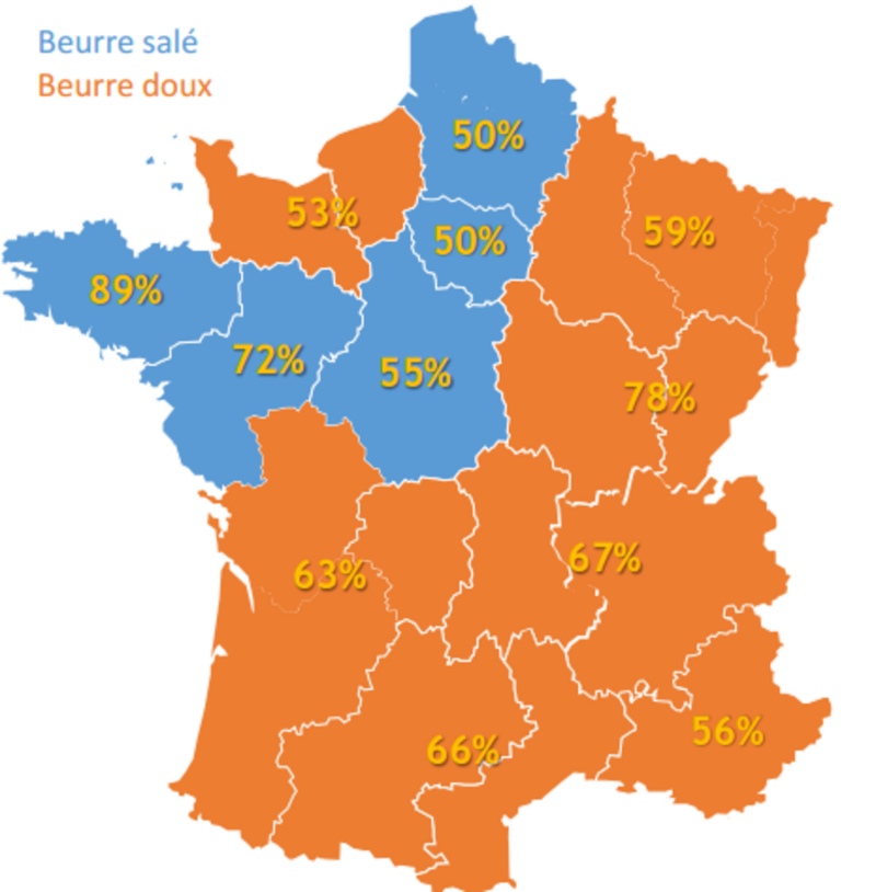Carte de la France provenant l'étude BVA de 2016 démontrant les préférences de chaque région entre le beurre salé et le beurre doux