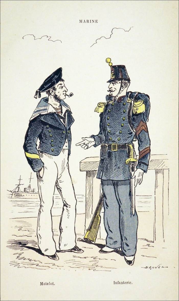 Gravure du 19ᵉ siècle représentant un marin et un fantassin en uniforme dans l’armée de Napoléon III