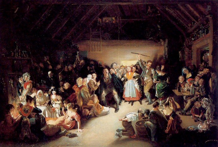 Tableau de Daniel Maclise « Snap-Apple night » représentant un village irlandais celte festoyant dans  un bâtiment commun à la lumière du foyer